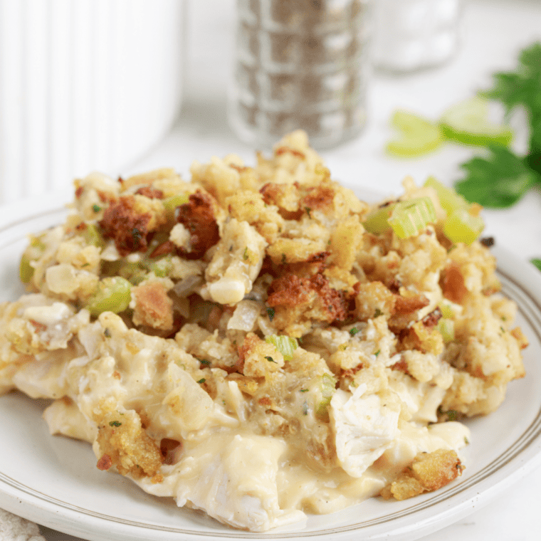 Air fryer chicken and stuffing casserole fresh out of the air fryer, golden brown and bubbling.