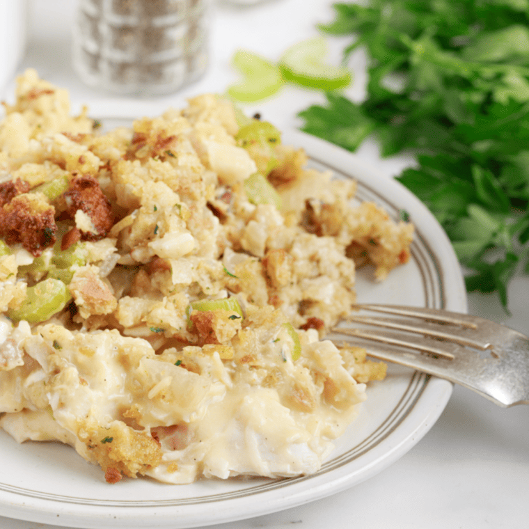 Close-up of air fryer chicken and stuffing casserole, showcasing the tender chicken and fluffy stuffing.