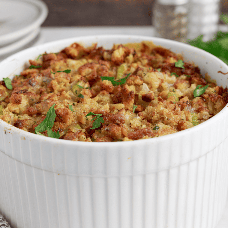 Comforting air fryer chicken and stuffing casserole, featuring tender chicken and fluffy stuffing.