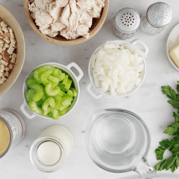 ingredients needed for chicken and stuffing casserole on table.