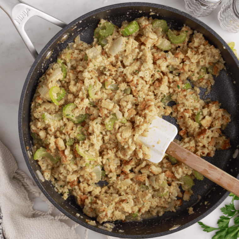 Cook the stuffing in a large skillet.