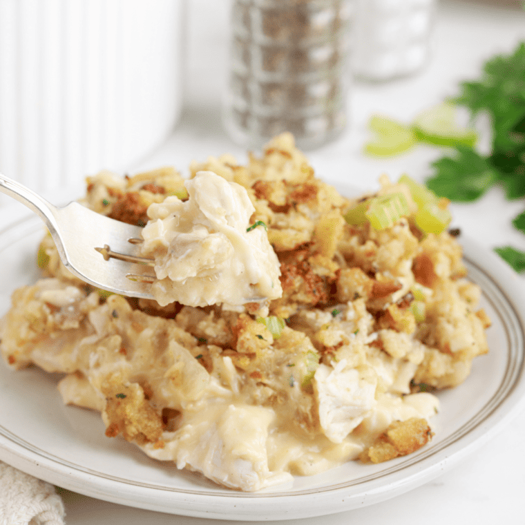 Served air fryer chicken and stuffing casserole garnished with parsley.