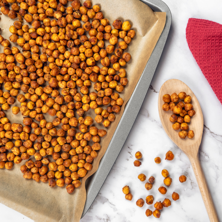 Air Fryer Spicy Roasted Chickpeas on Tray