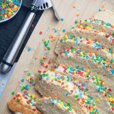 Air fryer two-ingredient ice cream bread, golden-brown loaf sliced and ready to serve