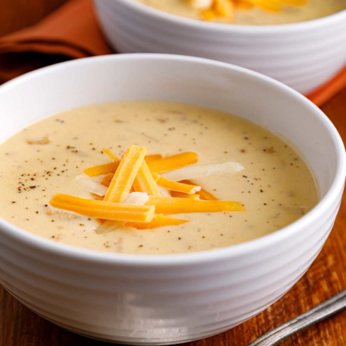 Bowl of creamy Copycat Outback Steakhouse Walkabout Soup topped with shredded cheese and chopped parsley.