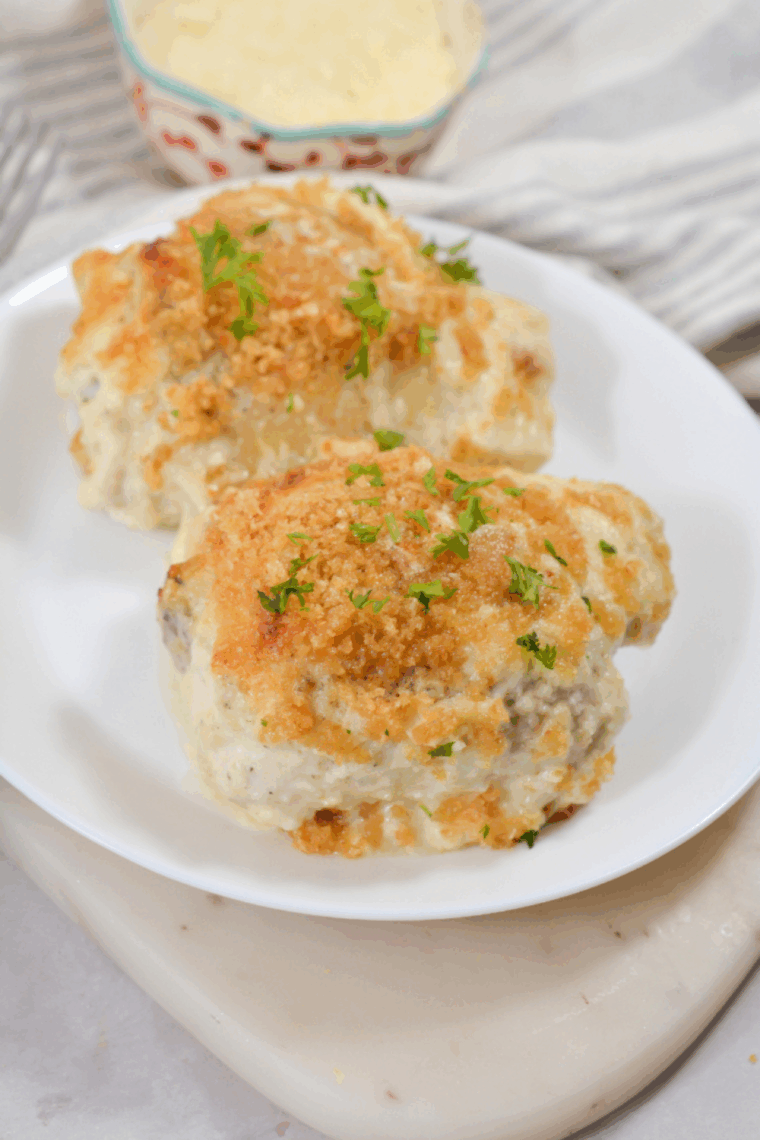 Close of of Easy Air Fryer Caesar Chicken Thighs.