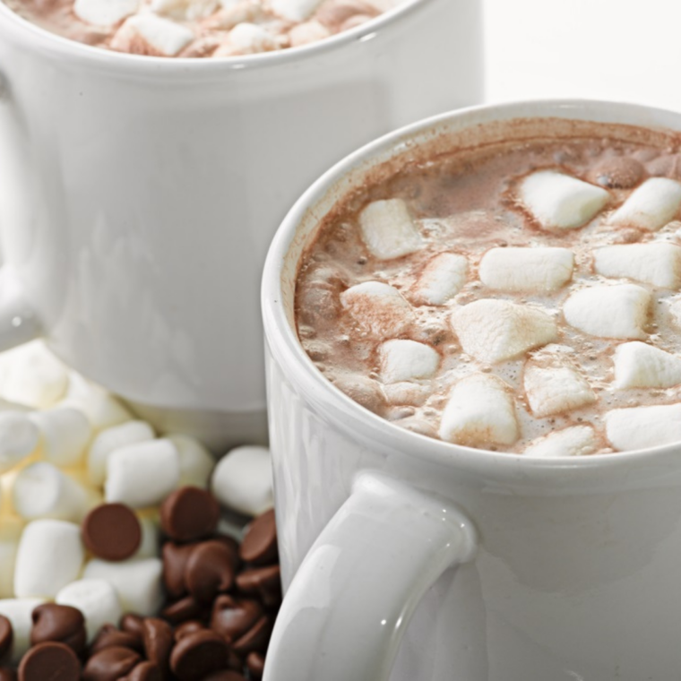 What to serve with French toast — a mug of hot chocolate topped with marshmallows
