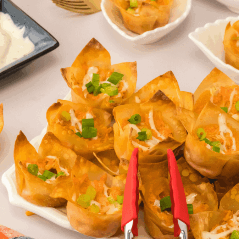 Golden, crispy buffalo chicken rangoons on a plate, filled with creamy buffalo chicken and served with ranch dressing for dipping.