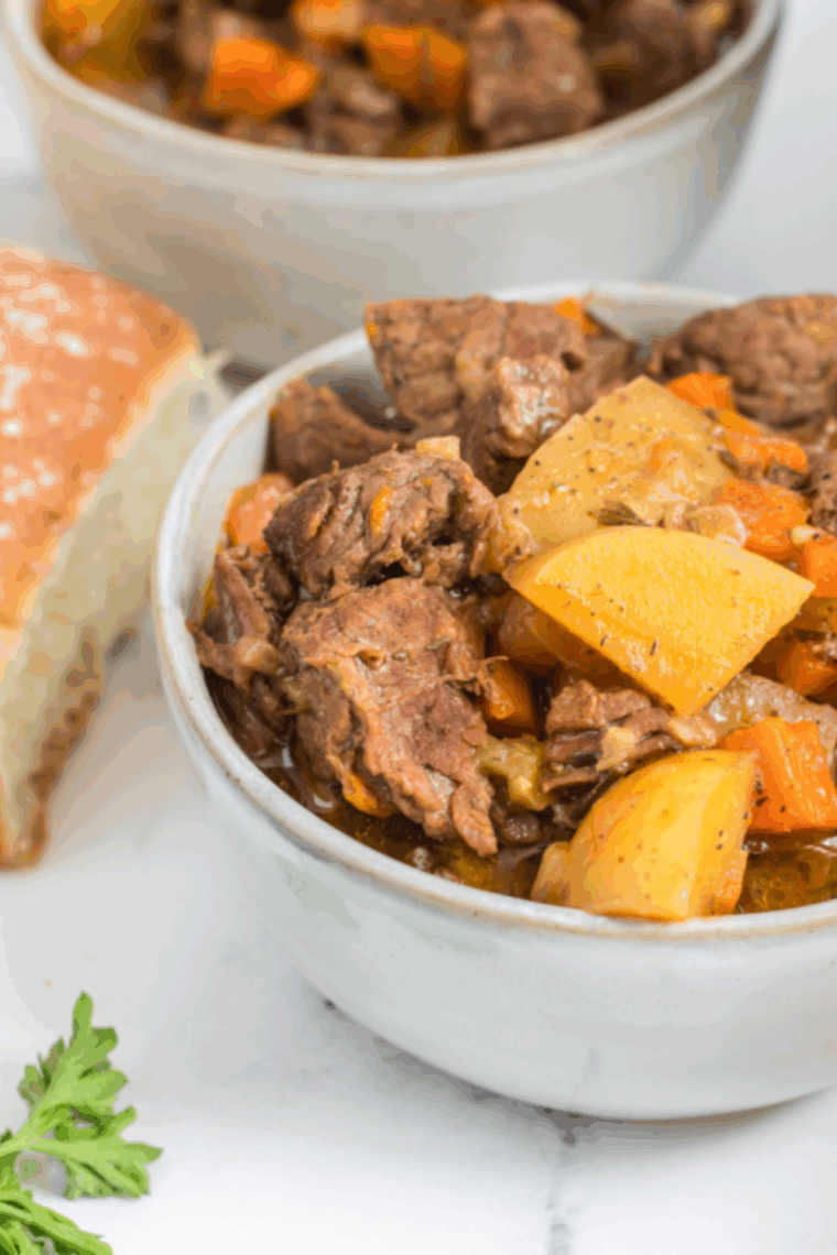 Hearty bowl of Copycat Cracker Barrel beef stew with vegetables and rich gravy.