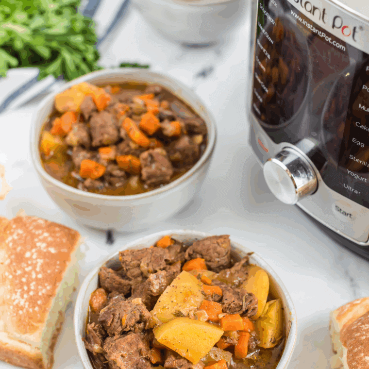Bowl of homemade Copycat Cracker Barrel beef stew with beef and vegetables.