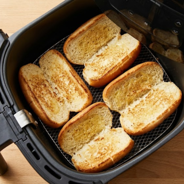 Hot dog buns toasting in an air fryer until warm, golden, and lightly crispy using quick 2-minute methods.