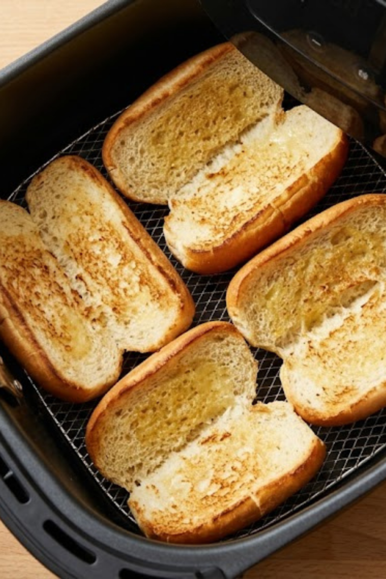 Hot dog buns toasting in an air fryer until warm, golden, and lightly crisp using quick 2-minute methods.