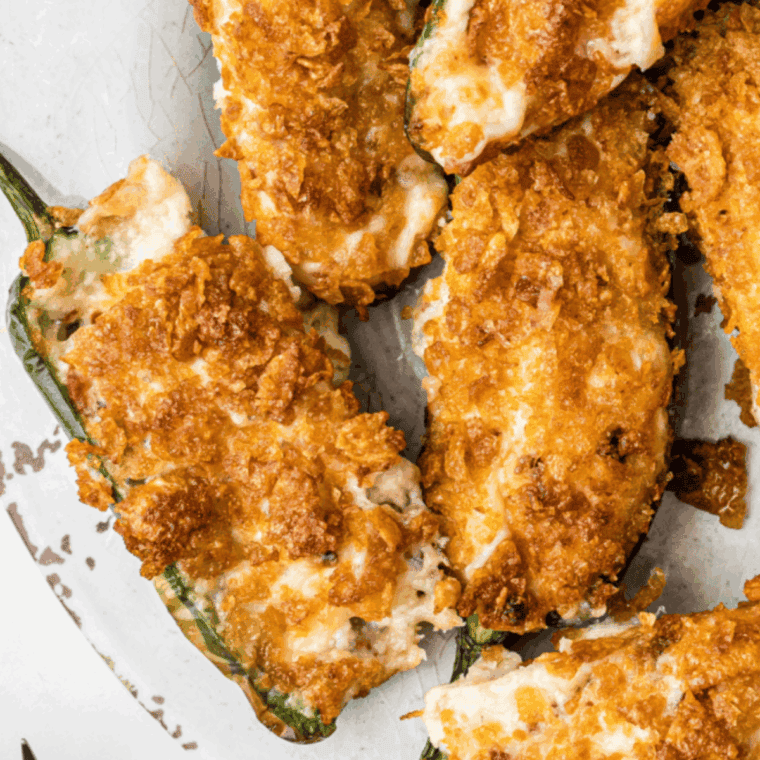 Golden jalapeño poppers with melted cheese filling, served with dipping sauce on a white plate.