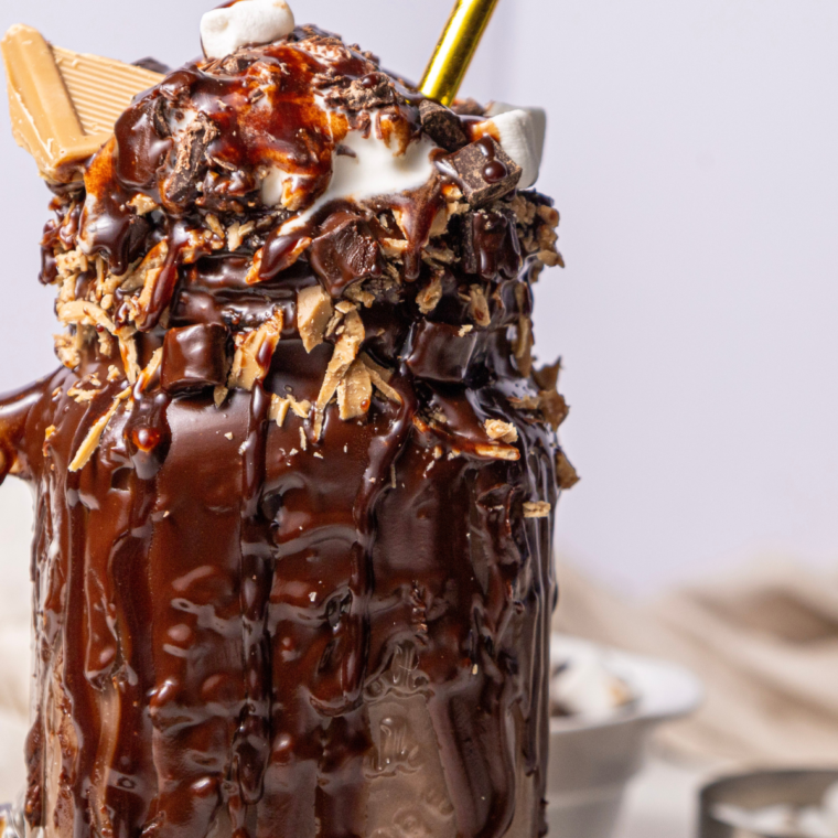 Create a mouthwatering Ninja Creami Freakshake by adding chocolate ice cream, milk, and topping it with caramel chocolate, marshmallows, and chocolate chips for a delicious and indulgent treat.