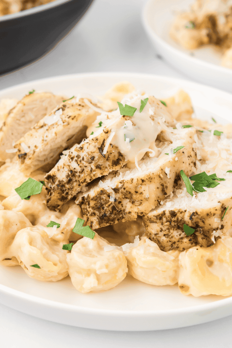 Closeup of Olive Garden copycat chicken tortelloni alfredo