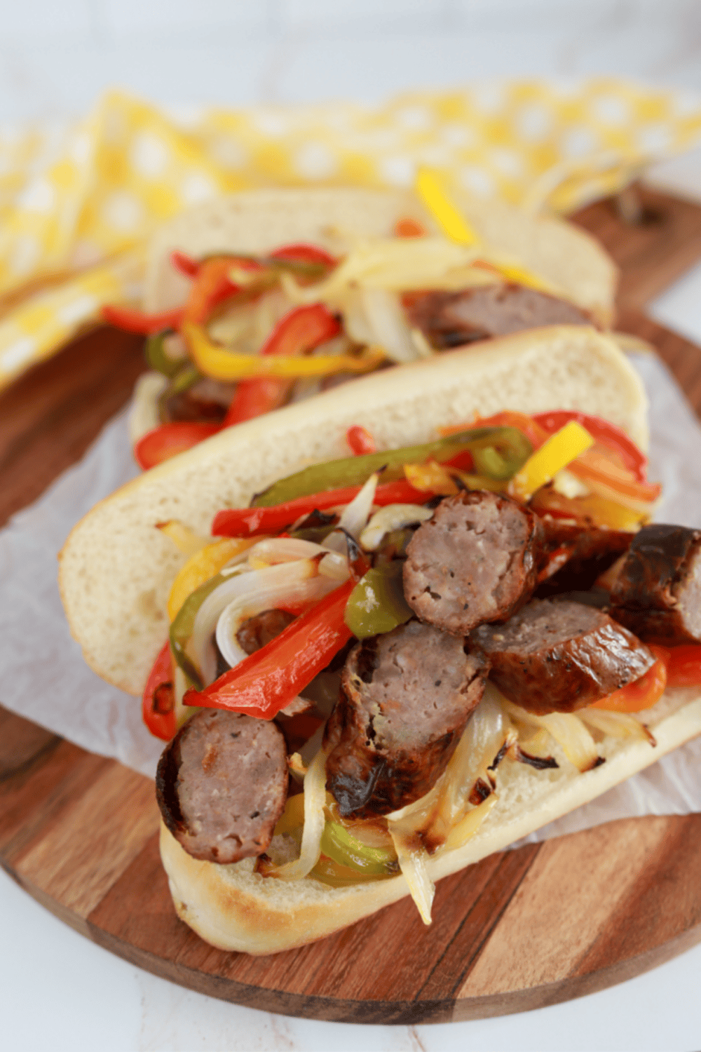 Golden Corral Sausage and Peppers on cutting board.