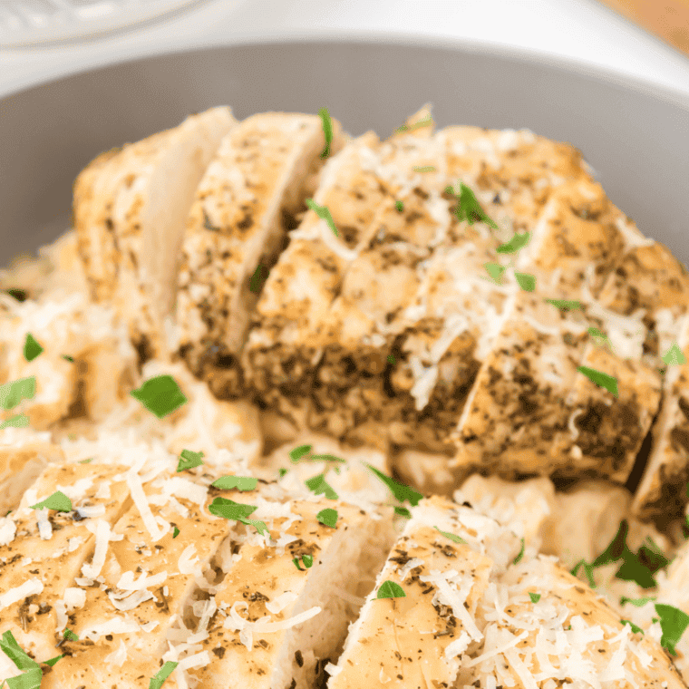 Closeup of crispy chicken tortellini alfredo