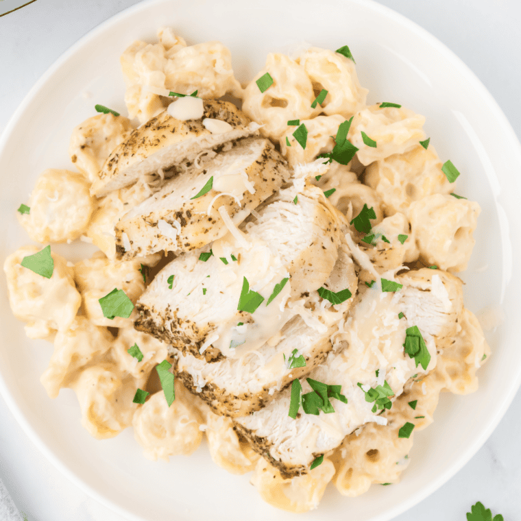 Overhead view of olive garden chicken tortellini alfredo served on a white plate