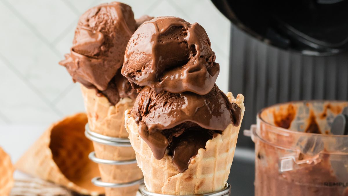 Ninja Creami chocolate protein ice cream in a cone.