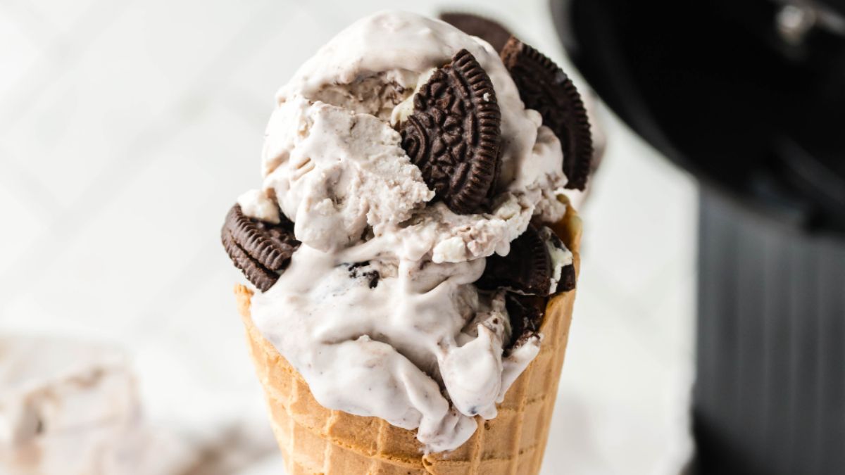 Ninja Creami Ben & Jerry’s ice cream sammie in a cone.