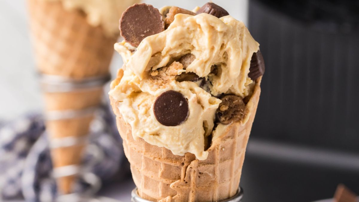 Ninja Creami Ben & Jerry’s peanut butter cup ice cream in a cone.