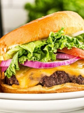 A juicy air fryer cheeseburger on a plate.