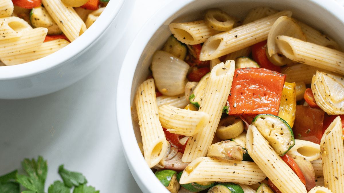 Pasta salad in a bowl.