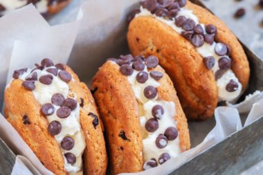 Air fryer chocolate chip cookie ice cream sandwiches.