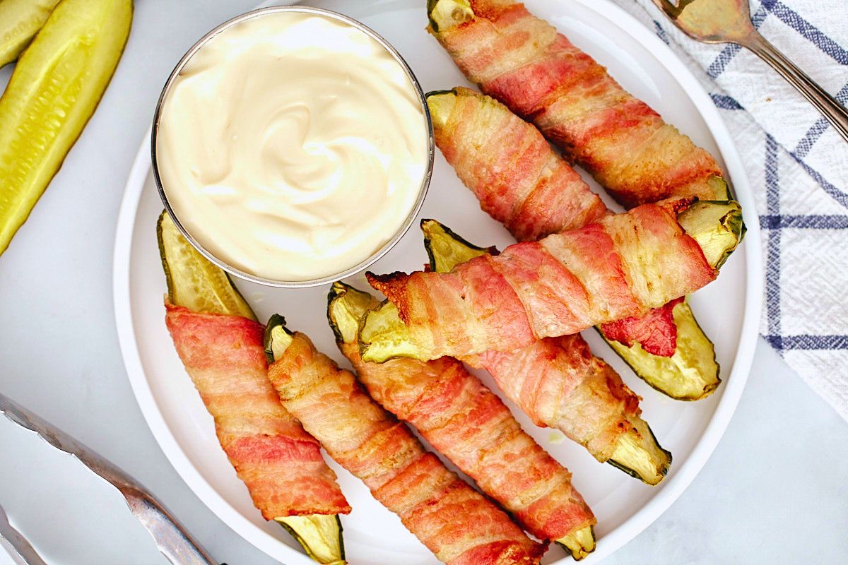 Bacon wrapped air fryer pickles.