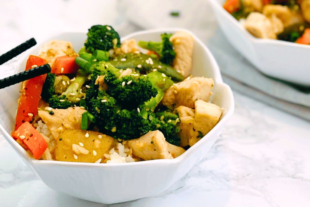 Blackstone chicken stir fry in a bowl.