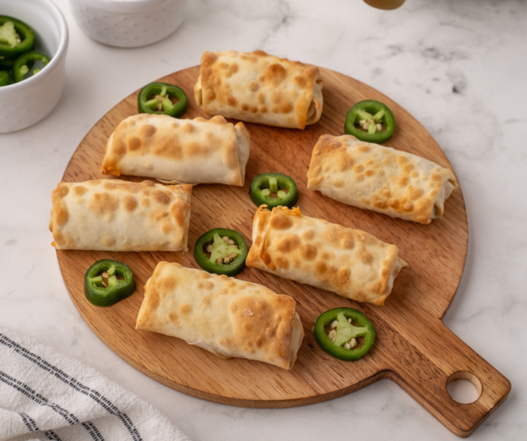 Close-up of golden-brown egg rolls with a crispy exterior, showcasing the creamy jalapeno popper filling inside.