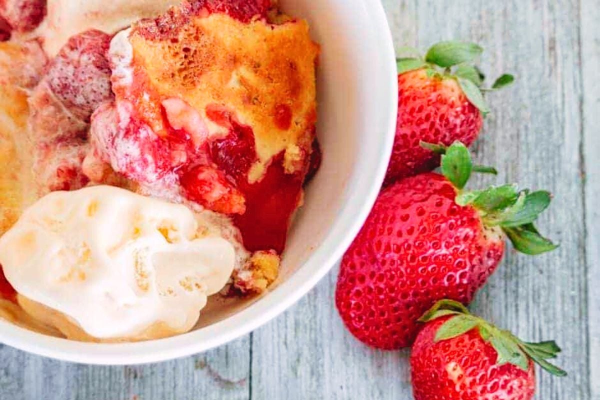Strawberry cobbler in a bowl.
