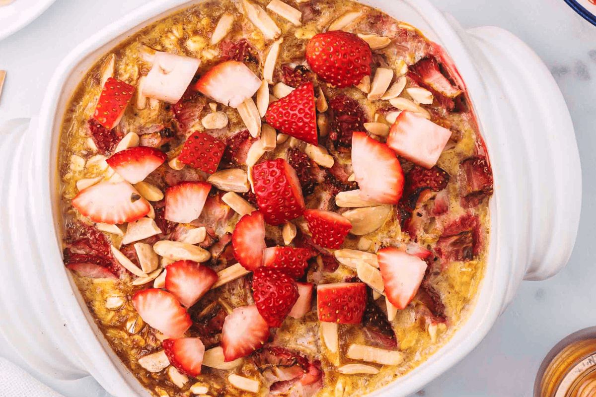 Strawberry oatmeal in a dish.