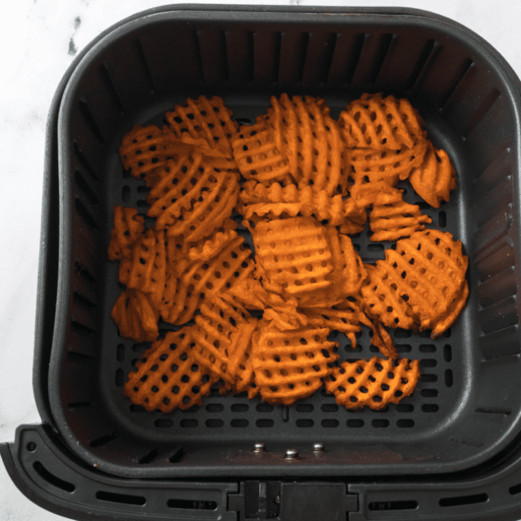 overhead: air fryer alexia sweet potato fries in basket