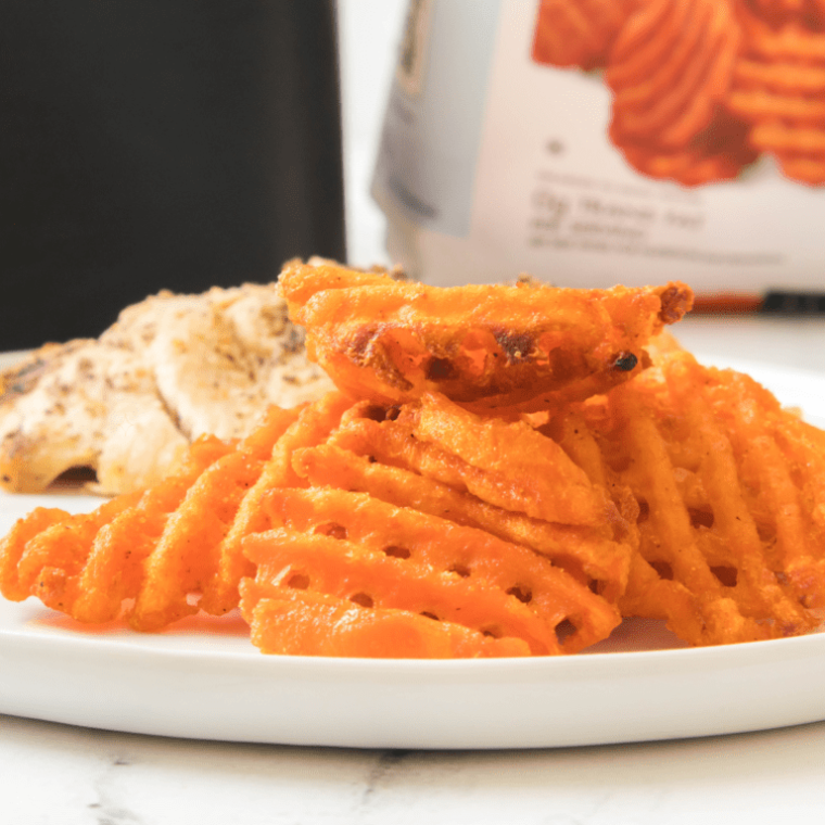 closeup side view: alexia sweet potato waffle fries made in air fryer