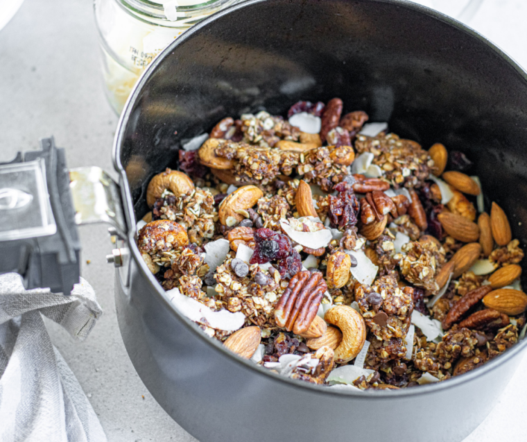 Muesli in air fryer basket, waiting for it to be cooled down