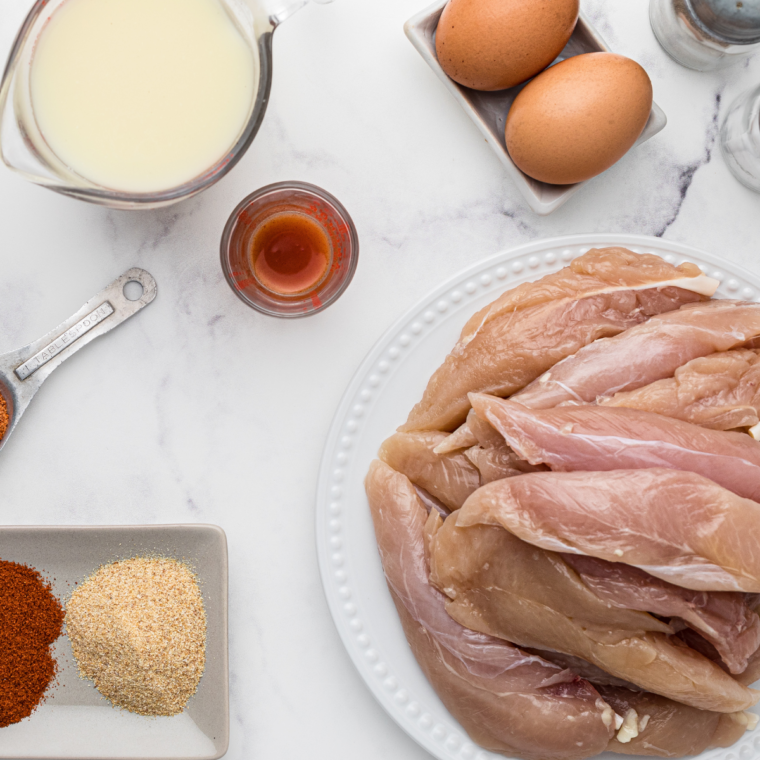 Air Fryer Chicken Tenders with Honey Mustard Sauce ingredients on table.