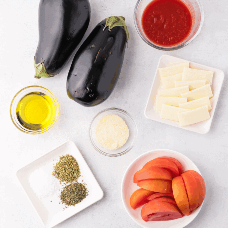 Ingredients needed for Air Fryer Eggplant Chips on kitchen table.