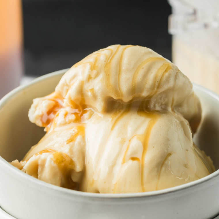 Bowl of Ninja Creami Starbucks Caramel Ribbon Crunch Frappuccino Ice Cream