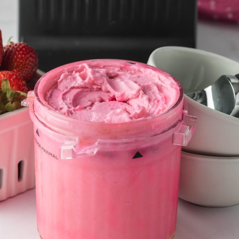 "Close-up of smooth and creamy Pink Drink sorbet made with fresh strawberries."