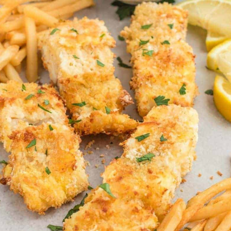 Plate of frozen cod, cooked and placed on a baking tray with fresh herbs, and lemon slices.