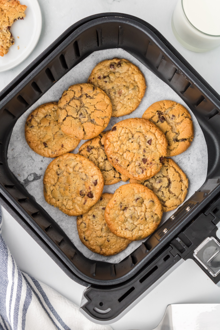 Air Fryer Toll House Cookies freshly baked, golden brown, and ready to be enjoyed, served on a cooling rack.