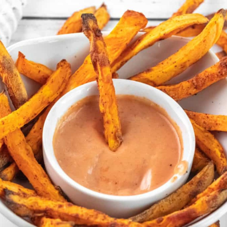 Close-up of Copycat Heinz Mayochup with sweet potato fries.