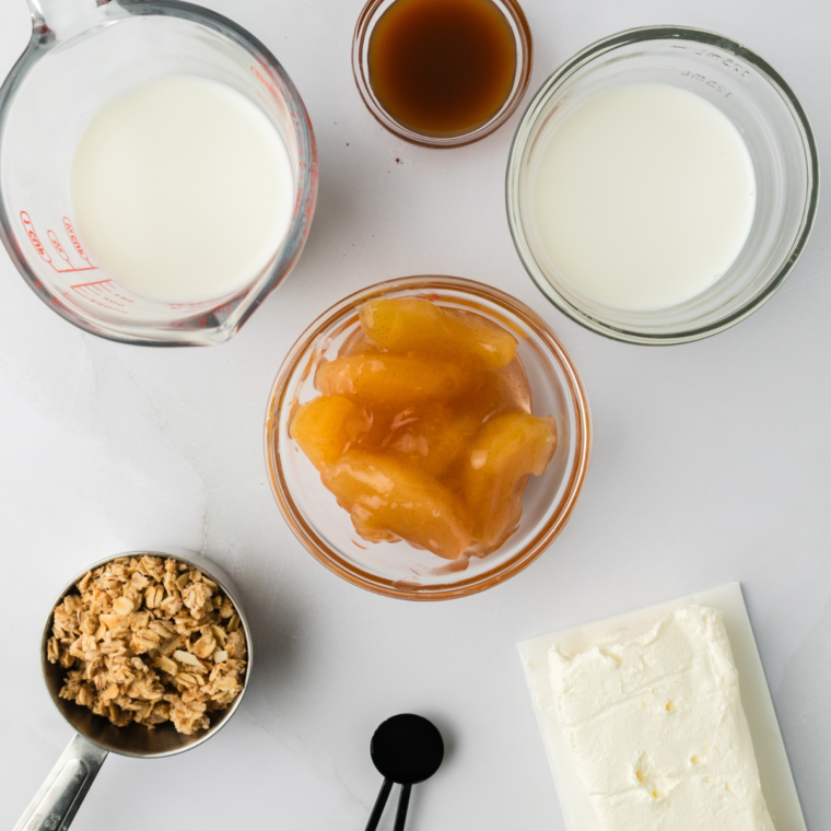 Ingredients needed for Ninja Creami Apple Cobbler Ice Cream on table.