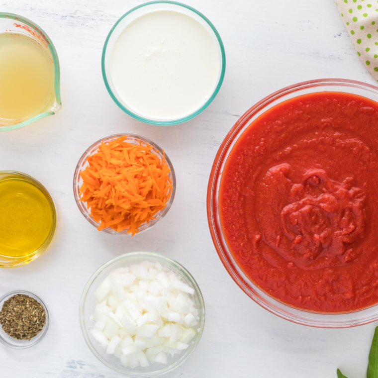 Ingredients needed for Instant Pot Olive Garden Cream of Tomato and Basil Soup.