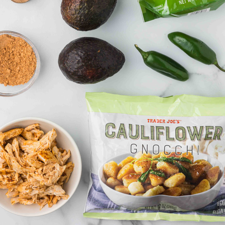 Ingredients needed for Trader Joe’s Air Fryer Cauliflower Gnocchi on kitchen table.