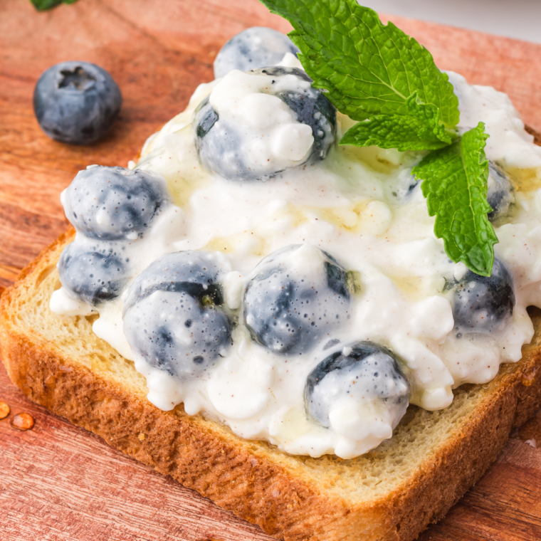 Nutritious air fryer blueberry cottage cheese toast ready to be enjoyed, highlighting its colorful toppings.