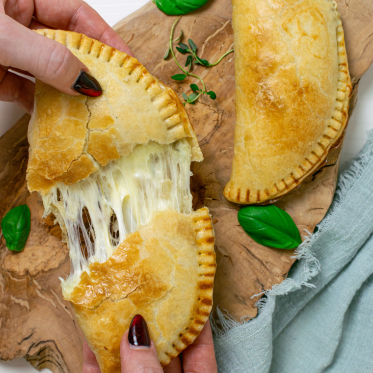 Freshly cooked Air Fryer Cheese and Onion Pasty, ready to serve.