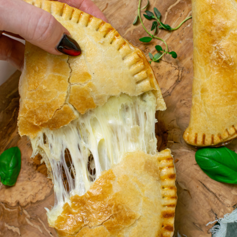 "Air Fryer Cheese and Onion Pasty, golden-brown and perfectly crisped."