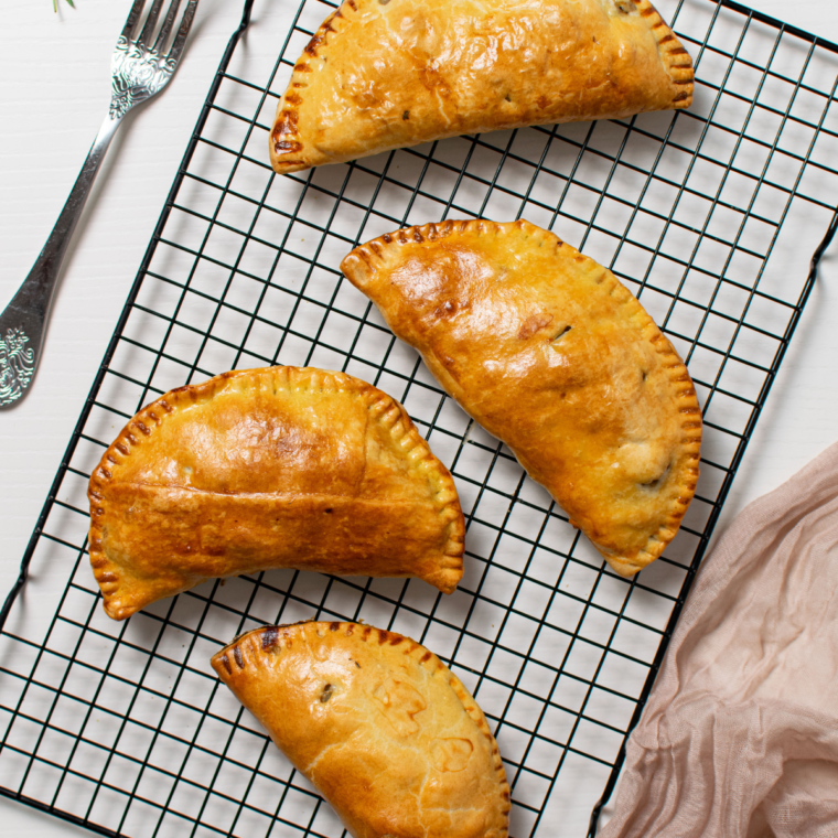 Close-up of Air Fryer Cornish Pastry with a perfectly crisped crust.